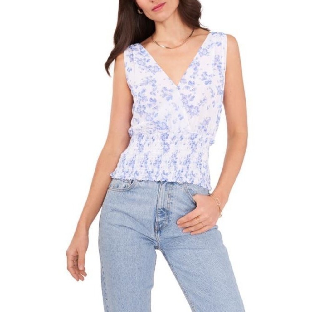 1.STATE Women's Sleeveless Smocked Chiffon Wrap Blouse in Country Side Ditsy LG